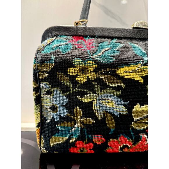 Vintage Carpet Bag Needlepoint Tapestry Structured Satchel Large Floral Black - Picture 9 of 15